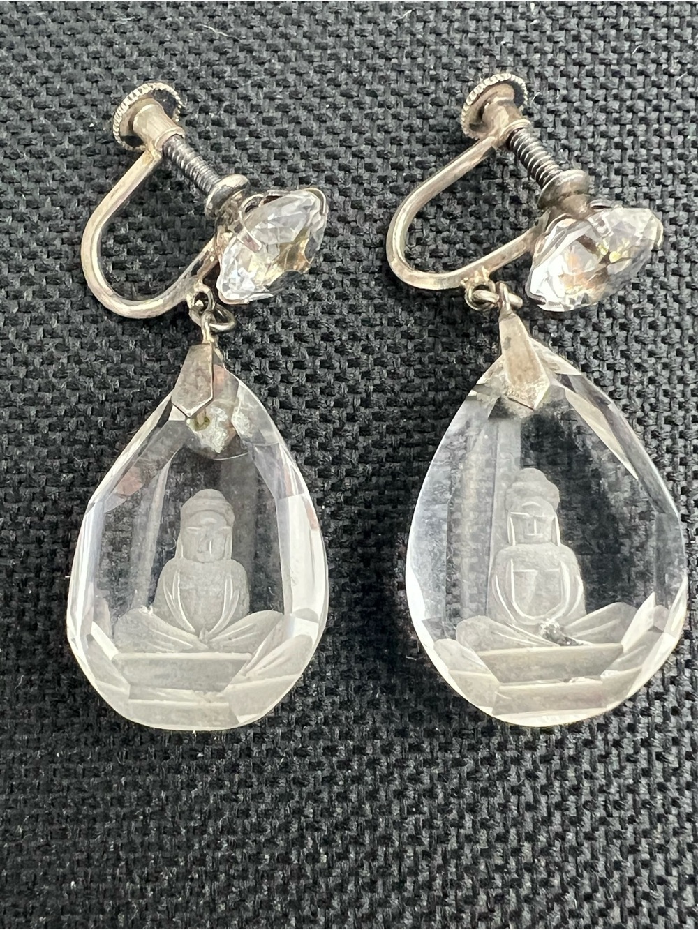 Vtg OWB Japan Sterling Rock Crystal Buddha Screw Back Earrings